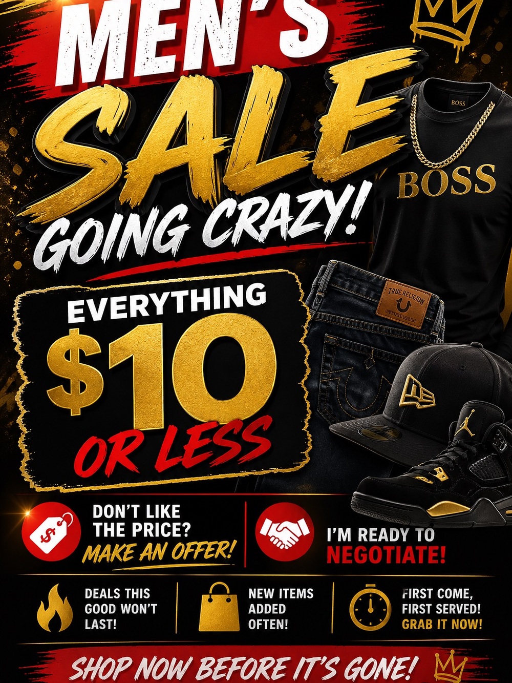 Men’s Clearance Sale Everything $10 Or Less Make Your Fair Offer.